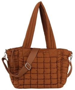 Puffy Quilted Nylon Shopper Satchel JYE0507 BROWN